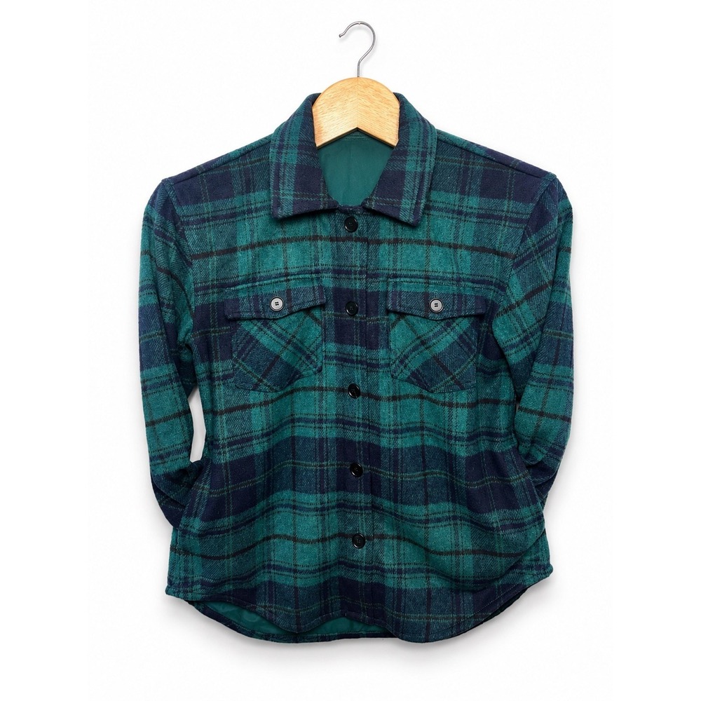 LOFT Womens Large Plaid Shacket Teal Navy Wool Blend Lined Fall Jacket